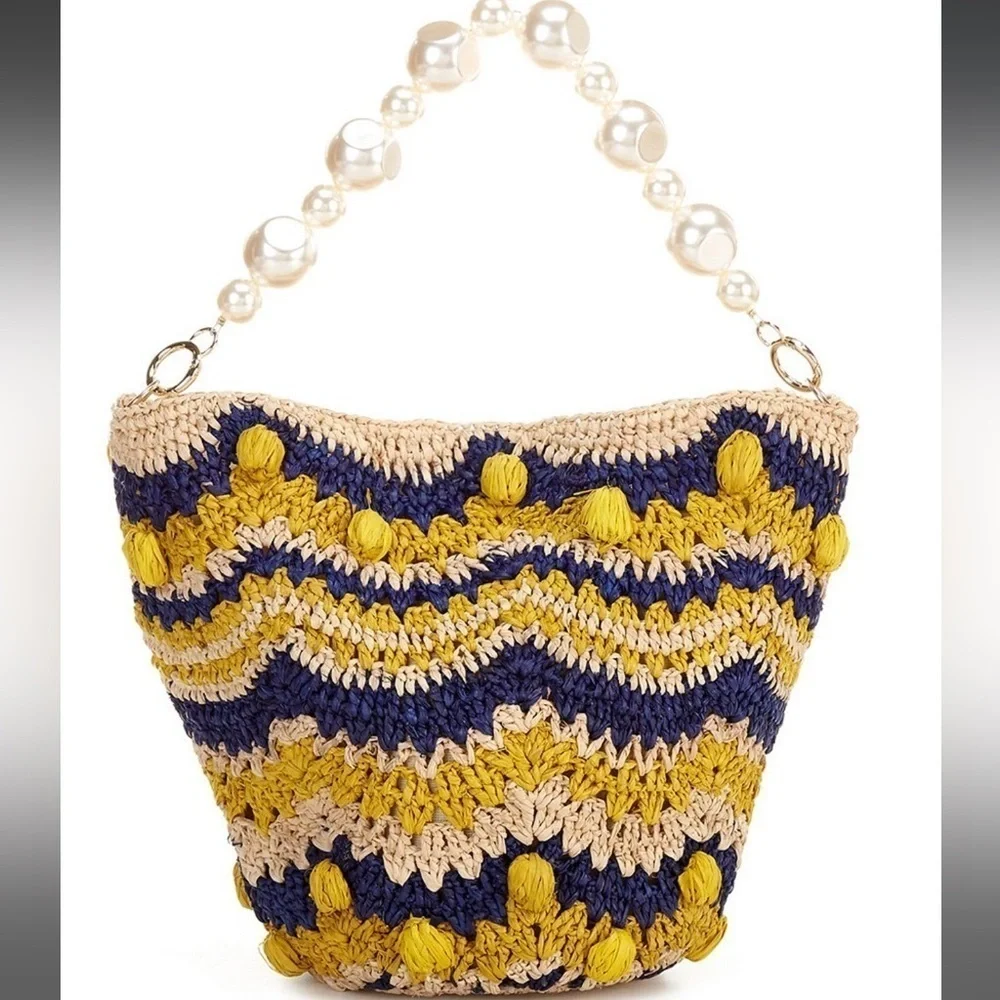 🆕btb Los Angeles Terni Pearl Raffia Boho Vacation Bucket Bag::NWT::